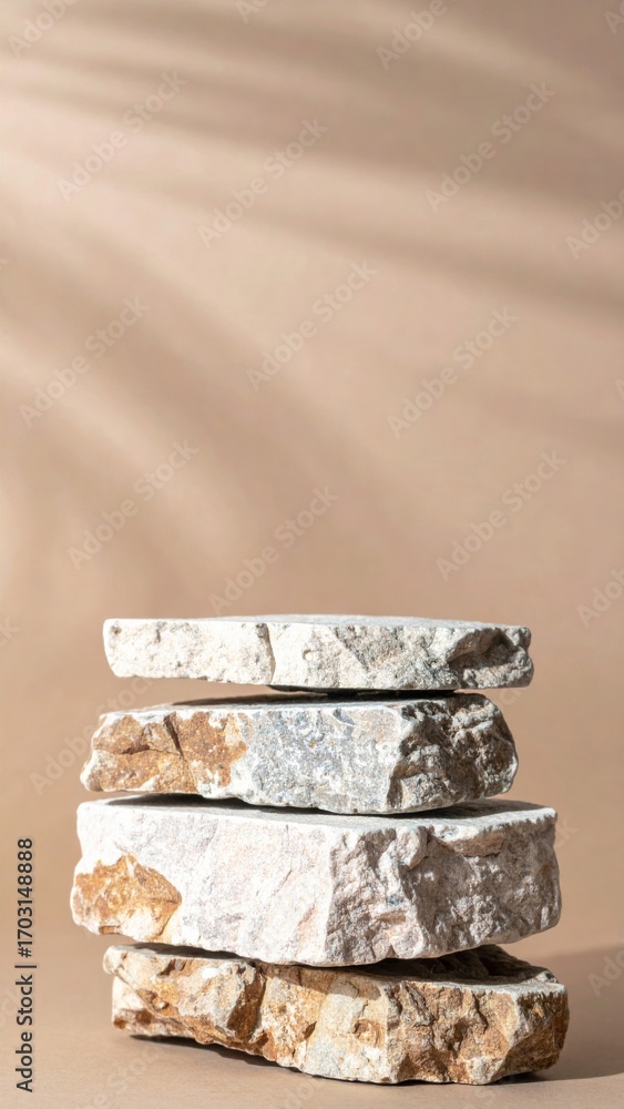 Aufkleber stacked rough stones create a minimalistic display on beige background with shadows