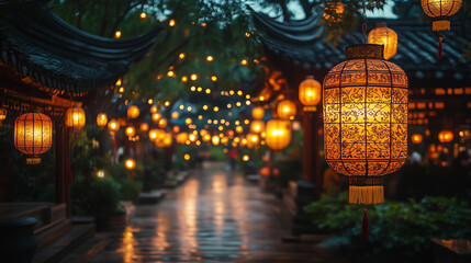 Festive Lanterns: Illuminated lanterns cast a warm glow over traditional architecture in an oriental garden, creating an evocative atmosphere of culture, serenity, and timeless beauty.