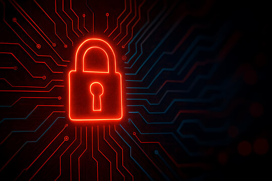 Cybersecurity protection illustration with glowing red padlock hologram displayed over futuristic circuit board system
