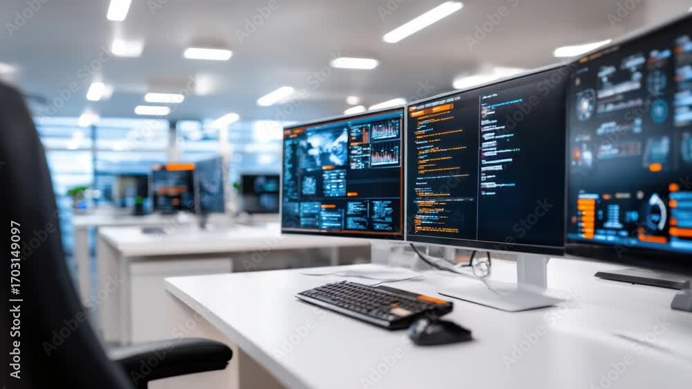 Wall mural Digital Workspace in a Tech Hub: A modern office environment, highlighted by rows of computer monitors displaying dynamic coding, data visualization, and tech interfaces.
