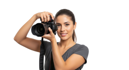 Female photographer holding a digital camera isolated PNG with Transparent Background
