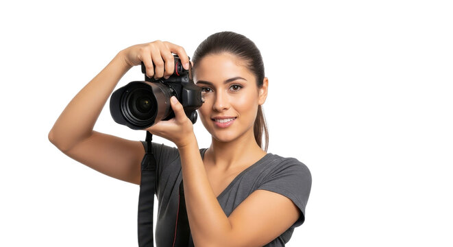 Female photographer holding a digital camera isolated PNG with Transparent Background