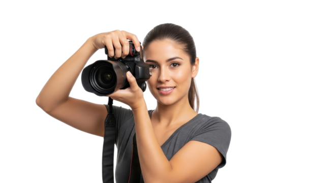 Female photographer holding a digital camera isolated PNG with Transparent Background