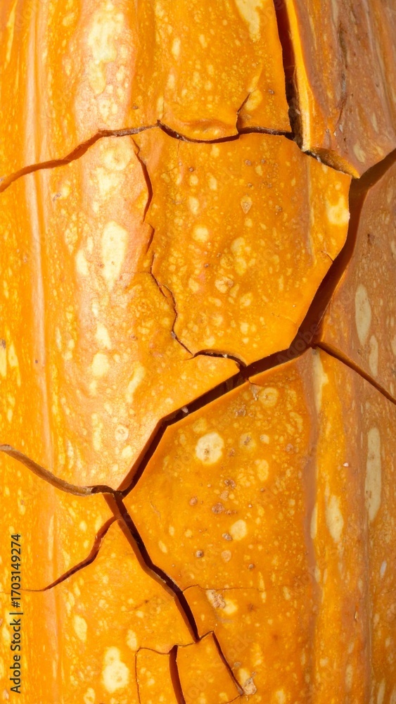 Poster close up of textured orange surface with cracks and speckled pattern abstract design