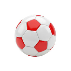 Fototapeta premium Red and white soccer ball isolated on white background, glossy leather football with pentagon pattern, professional sports equipment for team games