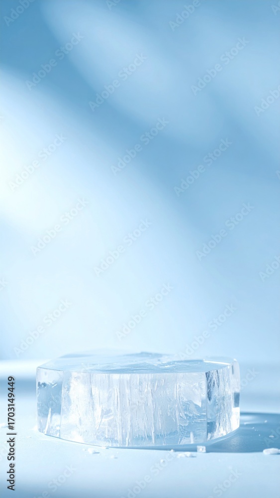 Poster translucent round ice block on light blue surface with shadow overlay in a cool tone