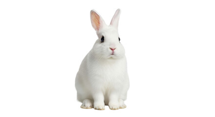 Fototapeta premium Cute white rabbit sitting looking forward isolated PNG with Transparent Background