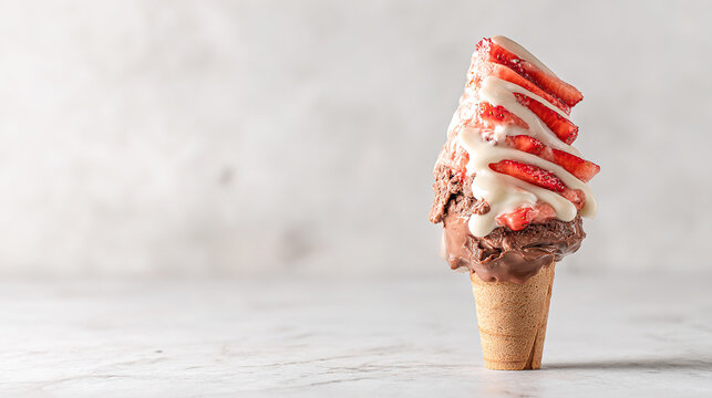 vanilla. Colorful ice cream in a waffle cone, a tempting and delightful dessert display. menu design, packaging mockups, designed for food delivery and cloud-kitchen brand materials.