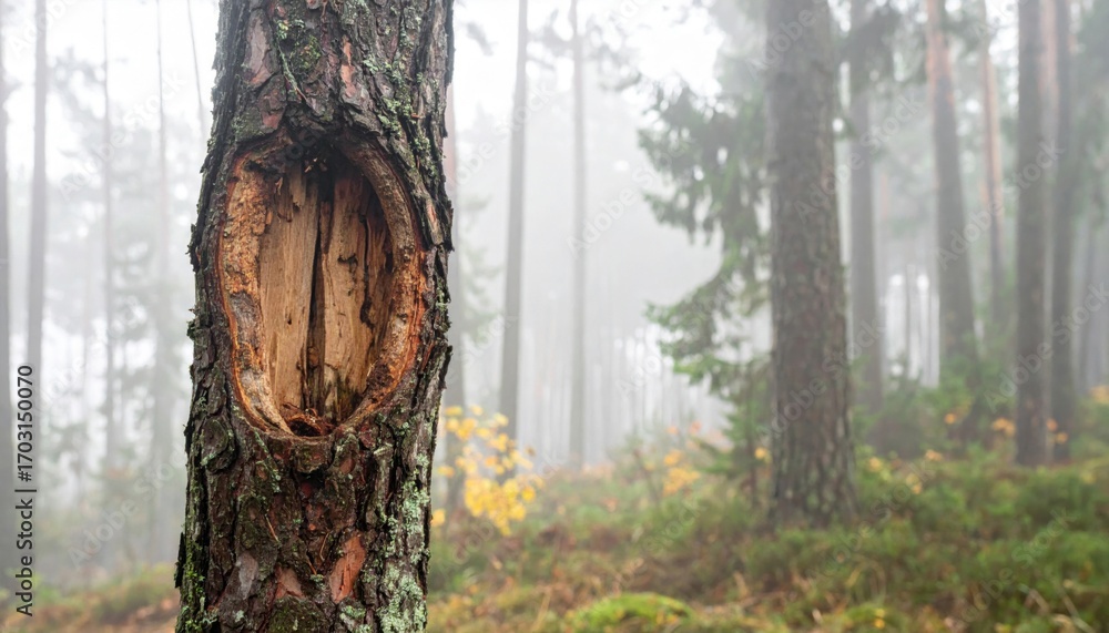 Poster close view of tree bark with unique circular markings in a foggy forest scenic