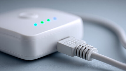 Closeup of a white charger with LED indicators and connected cable
