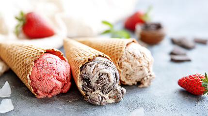 vanilla. Colorful ice cream in a waffle cone, a tempting and delightful dessert display. menu design, packaging mockups, designed for food delivery and cloud-kitchen brand materials.