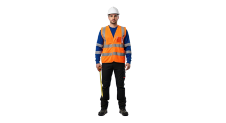 Construction worker in hardhat and safety vest holding measuring tape isolated PNG with Transparent Background