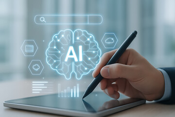 Futuristic AI concept showing digital brain interface with data analytics and artificial intelligence development system