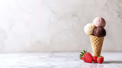 vanilla. Colorful ice cream in a waffle cone, a tempting and delightful dessert display. menu design, packaging mockups, designed for food delivery and cloud-kitchen brand materials.