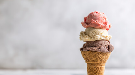 vanilla. Colorful ice cream in a waffle cone, a tempting and delightful dessert display. menu design, packaging mockups, designed for food delivery and cloud-kitchen brand materials.