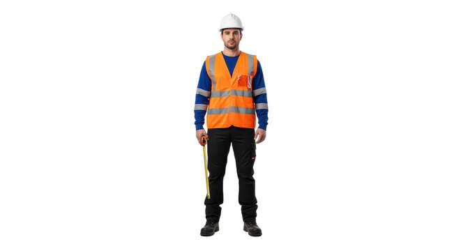 Construction worker in hardhat and safety vest holding measuring tape isolated PNG with Transparent Background