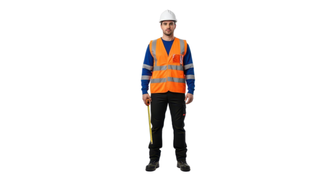 Construction worker in hardhat and safety vest holding measuring tape isolated PNG with Transparent Background