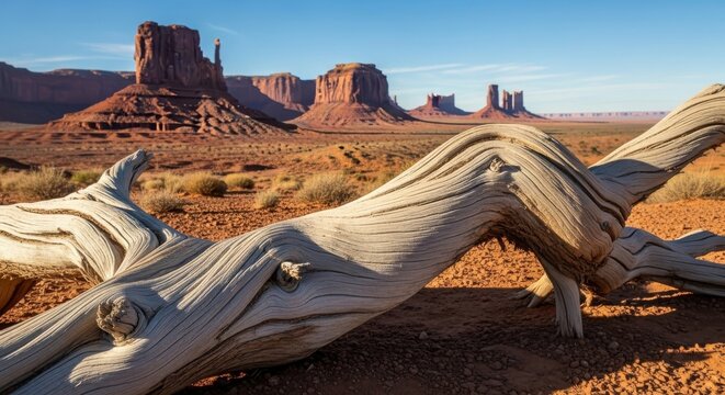 Striking desert landscape featuring a weathered tree and monument valley