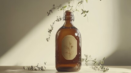 Amber glass bottle with swing-top closure, containing a light-brown liquid, sits on a light wood surface, adorned with a botanical label and delicate, trailing greenery bathed in soft sunlight