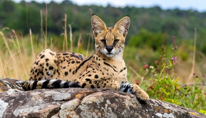 Serval cat resting on rock, alert gaze