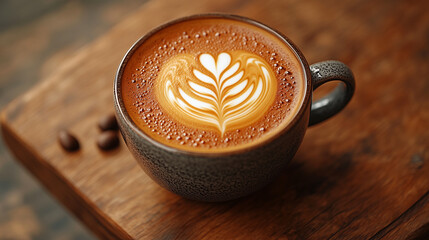Latte Art on Wooden Board: A steaming cup of artful latte, crowned with intricate latte art, rests invitingly on a textured wooden board, with few scattered coffee beans.