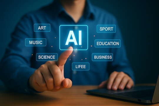 Futuristic hologram showing artificial intelligence applications in art music science education and business innovation