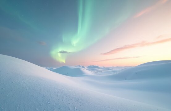 Vast snowy landscape features undulating hills under pastel sky with faint green aurora borealis. Serene arctic nature scene evokes peaceful, magical, ethereal winter atmosphere. White icy expanse
