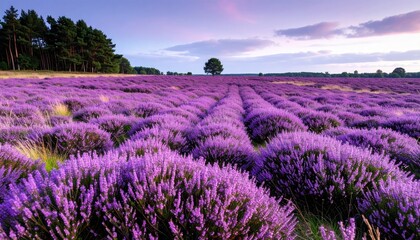 Naklejka premium Purple Lavender Field at Sunrise