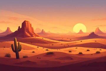 Naklejka premium Sunset in the desert landscape with warm orange tones and a vibrant sun shining over the sandstone formations