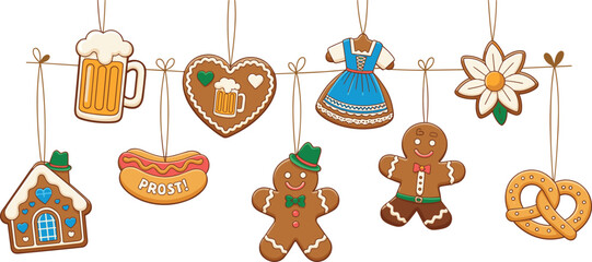 Oktoberfest gingerbread cookies hanging on string decoration set with beer mug, heart, dress, gingerbread men, flower, hot dog, pretzel