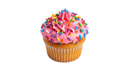 Delicious cupcake with pink frosting and colorful sprinkles isolated PNG with Transparent Background