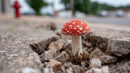 A red mushroom growing through a crack in a city sidewalk.