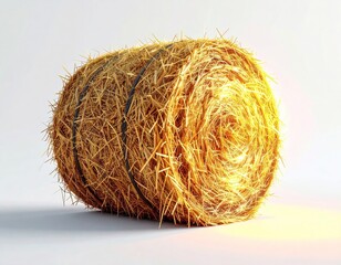 Close Up Hay Bale Rolled Round with Sunlight and Soft Shadows in White Background