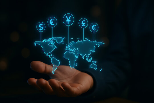 Glowing holographic world map with international currencies highlighting global finance and digital economic exchange