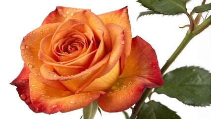 Close up of a vibrant orange and red rose with water droplets isolated on white background
