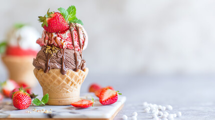 vanilla. Colorful ice cream in a waffle cone, a tempting and delightful dessert display. menu design, packaging mockups, designed for food delivery and cloud-kitchen brand materials.