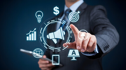 Businessman promotes marketing strategy with digital interface