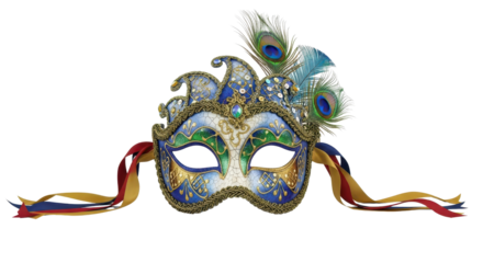 Ornate masquerade mask with peacock feathers isolated PNG with Transparent Background