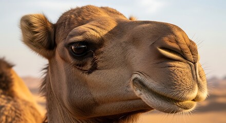 Obraz premium Close up of a camels head, desert animal, brown tones, curious gaze, profile view, wildlife photography.