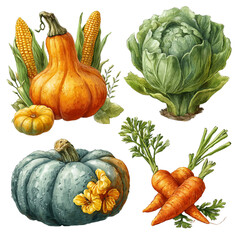 Set of harvest vegetables including squash, corn, and carrots, isolated PNG, no background