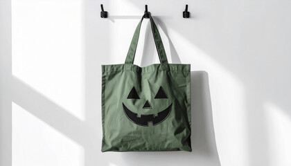 Eco-friendly green tote bag with a simple Halloween pumpkin face print, mockup hanging on a white wall.