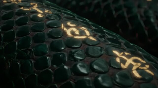 Serpentine scales macro with glinting sigils and emerald black