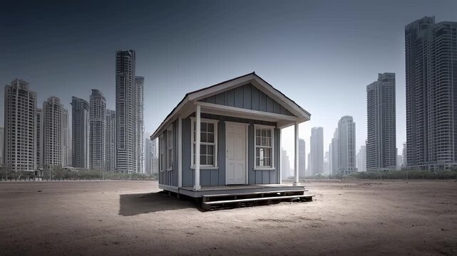 Tiny House Contrasted Against City Skyscrapers