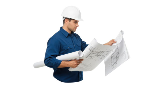 Architect reviewing blueprints at construction site isolated PNG with Transparent Background