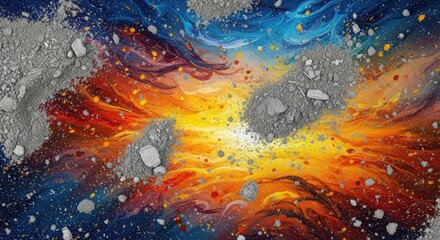 Fototapeta premium A vibrant, abstract depiction of a cosmic explosion with swirling nebulae and scattered debris.