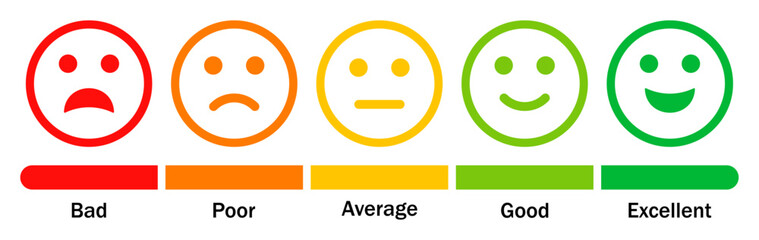 Set of feedback rating emoji icons set with rating progress bar. Bad, poor, average, good and excellent rating emoji icon set isolated on white background. Vector illustration.