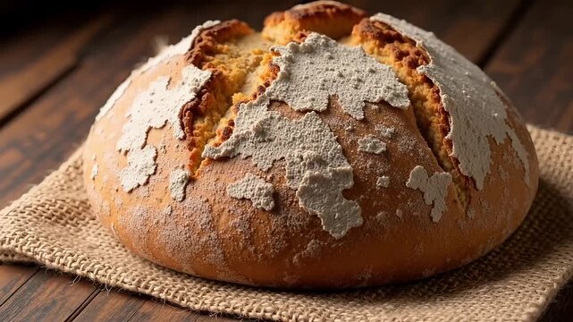 Rustic sourdough bread with flour dusting on burlap. Freshly baked artisan loaf on wooden table. Traditional homemade crusty bread for bakery concept.