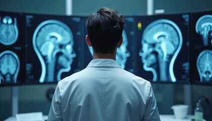 Doctor analyzes brain scans in futuristic medical workspace. High tech monitors display diagnostic imaging for research, innovation. Medical pro in labcoat examines patient health data for clinical
