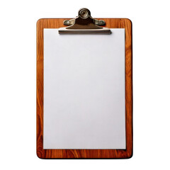 wooden clipboard with blank paper top view isolated on white or transparent
