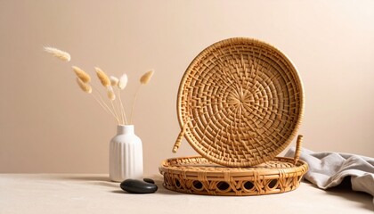Round and Rectangular Wicker Trays with Dried Flowers